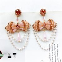 Vintage Exaggerated Bow Shaped Crystal Pearl Tassel Chain Earrings sku image 1