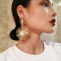 European And American Cross-border Popular Fashion Pearl Earrings Round Metal Hollow Flower Earrings Female Catwalk Style Earrings main image 1