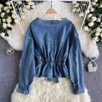 Fashion Solid Color Waist V-neck Loose Denim Jacket main image 1