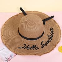 Fashion Wide-brimmed Outdoor Streamer Letter Printing Straw Sunscreen Hat main image 1
