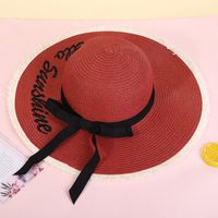Fashion Wide-brimmed Outdoor Streamer Letter Printing Straw Sunscreen Hat main image 5