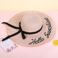 Fashion Wide-brimmed Outdoor Streamer Letter Printing Straw Sunscreen Hat sku image 3