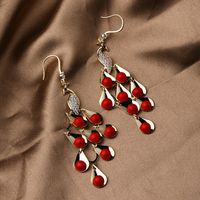 Retro Fashion Red Festive Copper Daimond Peacock Pendent Earrings main image 3