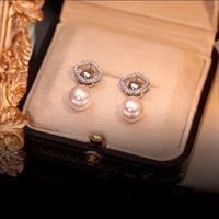 Real Gold Electroplating Zircon Pearl Square Fashion Alloy Earrings main image 5