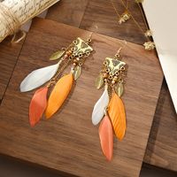 Inverted Triangle Exotic Long Feather Female Bohemian Leaf Tassel Metal Earrings main image 3