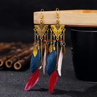 Inverted Triangle Exotic Long Feather Female Bohemian Leaf Tassel Metal Earrings main image 4