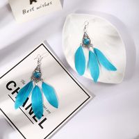 Fashion Simple Turquoise Feather Female Retro Ethnic Long Alloy Earrings main image 1