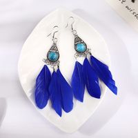 Fashion Simple Turquoise Feather Female Retro Ethnic Long Alloy Earrings main image 4