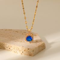 Retro Blue Round Trim Square Copper Inlaid Zirconium Stainless Steel Necklace main image 2