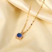 Retro Blue Round Trim Square Copper Inlaid Zirconium Stainless Steel Necklace main image 3