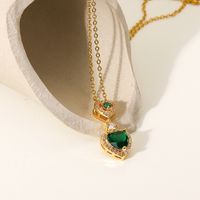 Fashion Green Heart-shaped White Zirconium Trim Pendant Stainless Steel Necklace main image 3