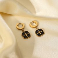 14k Gold Plated Stainless Steel Black Oil Drop Square Brand Cross Earrings main image 1