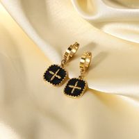 14k Gold Plated Stainless Steel Black Oil Drop Square Brand Cross Earrings main image 3