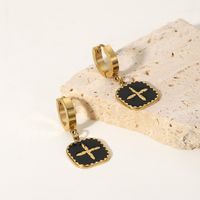 14k Gold Plated Stainless Steel Black Oil Drop Square Brand Cross Earrings main image 4