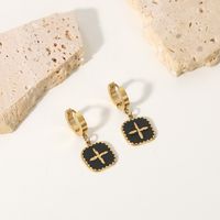 14k Gold Plated Stainless Steel Black Oil Drop Square Brand Cross Earrings main image 5