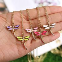 Vintage Dragonfly Pendant Simple Insect Color Oil Drop Copper Necklace main image 1