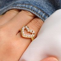 Retro Smile Heart Open Ring Female Simple Pearl Zircon Copper Ring main image 3