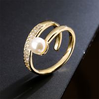 Fashion Copper Micro-set Zircon Plated 18k Gold Pearl Geometric Open Ring main image 1