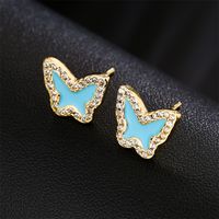 Pink White Blue Three-color Oil Drop Copper Plated 18k Gold Cute Butterfly Stud Earrings main image 3