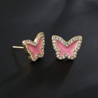 Pink White Blue Three-color Oil Drop Copper Plated 18k Gold Cute Butterfly Stud Earrings main image 1