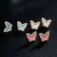 Pink White Blue Three-color Oil Drop Copper Plated 18k Gold Cute Butterfly Stud Earrings main image 5