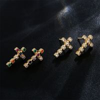 Fashion Copper 18k Gold Three-dimensional Cross Zircon Earrings Female New Stud main image 2