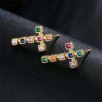 Fashion Copper 18k Gold Three-dimensional Cross Zircon Earrings Female New Stud main image 4