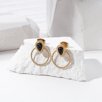 Fashion Stainless Steel 18k Gold Plated Black Turquoise Inlaid Earrings Stud sku image 1