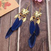 Inverted Triangle Exotic Long Feather Female Bohemian Leaf Tassel Metal Earrings sku image 3