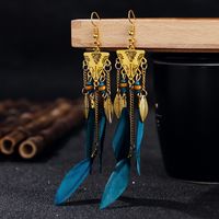 Inverted Triangle Exotic Long Feather Female Bohemian Leaf Tassel Metal Earrings sku image 5