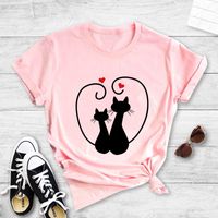 Fashion Two Cats Heart Print Casual Short Sleeve T-shirt Women main image 1