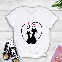 Fashion Two Cats Heart Print Casual Short Sleeve T-shirt Women sku image 9