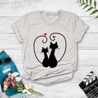 Fashion Two Cats Heart Print Casual Short Sleeve T-shirt Women sku image 12