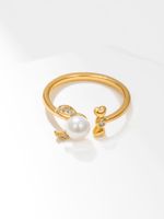 Simple Copper Inlaid Pearl Open Bow Zircon Ring main image 3