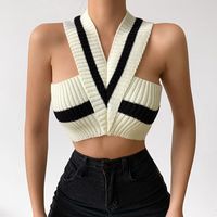 Fashion Knitted Vest Striped Sleeveless V-neck Slim Versatile Halter Top sku image 1