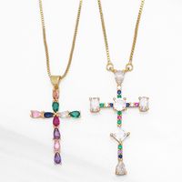 New Jewelry Inlaid Colored Zircon Cross Copper Necklace Wholesale main image 2