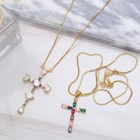 New Jewelry Inlaid Colored Zircon Cross Copper Necklace Wholesale main image 5