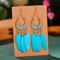 Demi-cercle Longue Plume Femelle Boho Perle Gland Alliage Boucles D'oreilles Bijoux En Gros main image 2