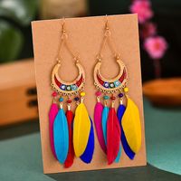 Semicircle Long Feather Female Boho Bead Tassel Alloy Earrings Jewelry Wholesale main image 3
