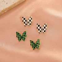 Retro Dark Green Butterfly Female Fashion Creative Metal Drip Oil Checkerboard Alloy Earrings main image 3