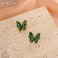 Retro Dark Green Butterfly Female Fashion Creative Metal Drip Oil Checkerboard Alloy Earrings main image 4