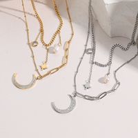 Fashion Zircon Moon Pendant Double -layered Titanium Steel Necklace main image 1