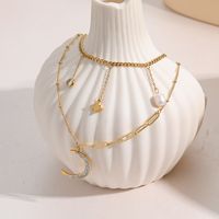 Fashion Zircon Moon Pendant Double -layered Titanium Steel Necklace main image 5
