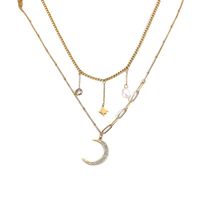 Fashion Zircon Moon Pendant Double -layered Titanium Steel Necklace main image 6