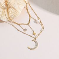 Fashion Zircon Moon Pendant Double -layered Titanium Steel Necklace sku image 1