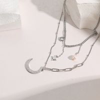 Fashion Zircon Moon Pendant Double -layered Titanium Steel Necklace sku image 2