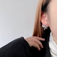 Pink Diamond Bow Needle Light Inlaid Fashion Metal Texture Ear Stud Jewelry main image 2