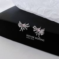 Pink Diamond Bow Needle Light Inlaid Fashion Metal Texture Ear Stud Jewelry main image 5