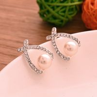 Fashion Cross Full Diamond Pearl Stud Alloy Earrings Wholesale main image 4