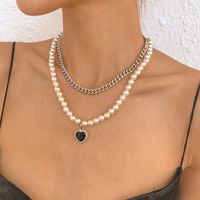 Simple Heart Pendant Fashion Retro Inlaid Pearl Double Layered Necklace main image 3